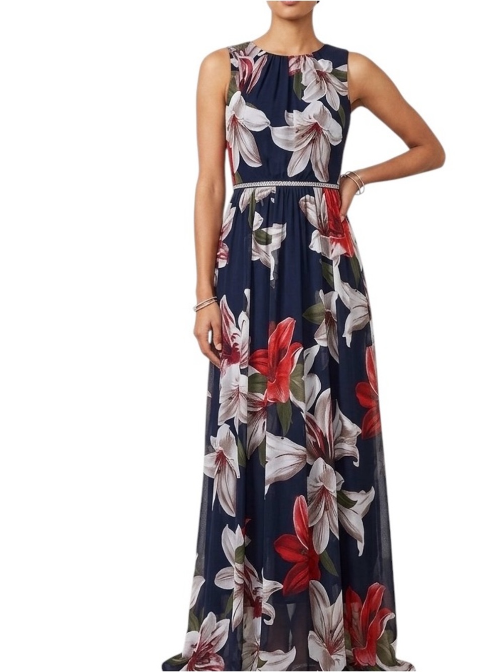 Alexa B Nites Women’s Pleated Floral Chiffon Maxi Dress Jewel detail on waist